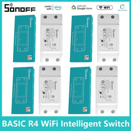 SONOFF BASICR4 interruptor WiFi relé de hogar inteligente interruptor de luz sincronización de voz Control remoto asistente de hogar aplicación Alexa Alice Ewelink
