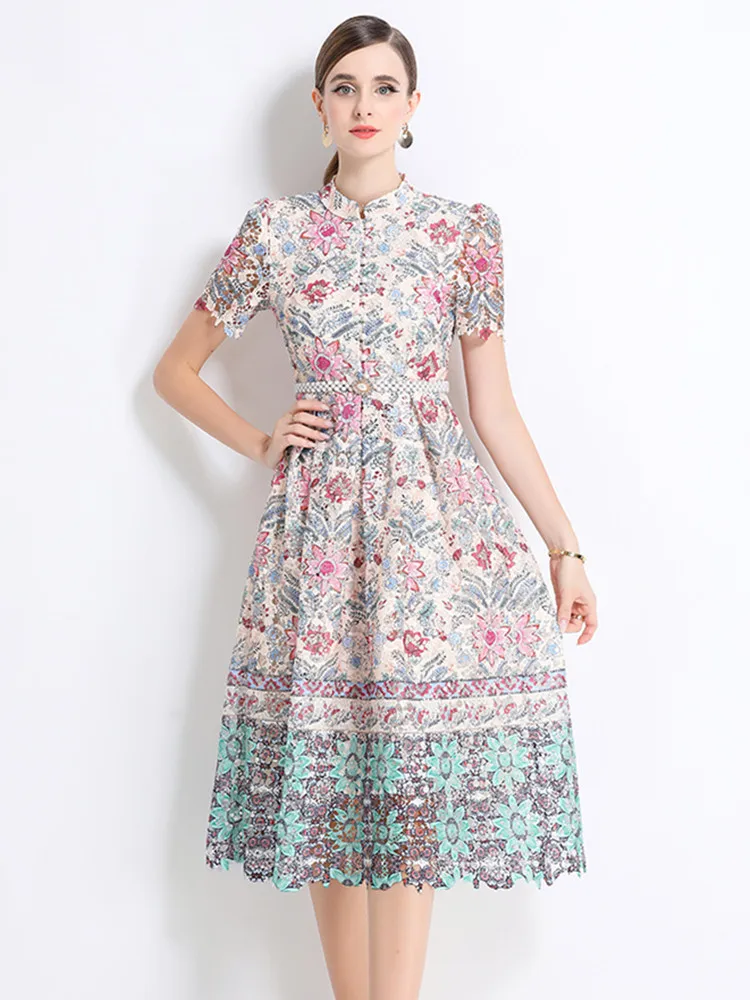 

Elegant Colorful Floral Print Water Soluble Lace Wedding Dresses Women's Short Sleeve Crystal Belt Hollow Out Prom Evening Dress