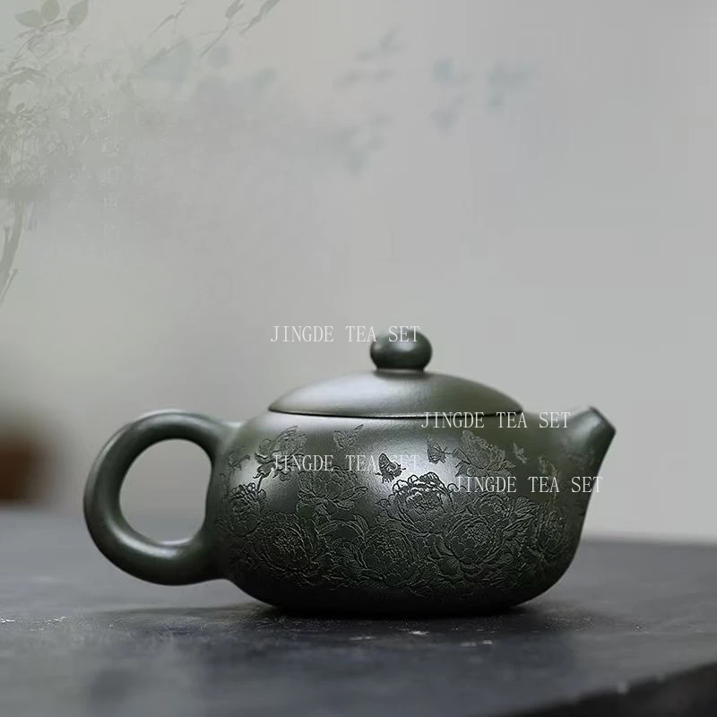 280ml Yixing Purple Clay Teapot Green Clay Carved Peony Teapot Household Chinese Style Large Capacity Teapot Kungfu Tea Set