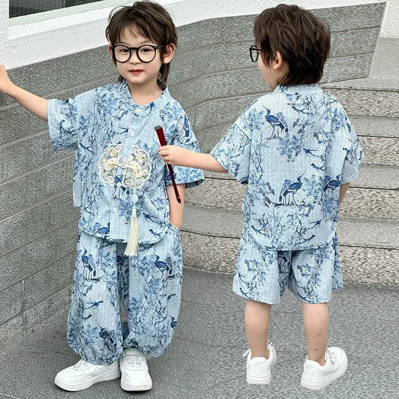 

Летний комплект из 2 предметов с короткими рукавами, костюм для мальчиков, детская одежда, повседневная одежда для мальчиков, костюм Ханфу в стиле Тан, модные детские комплекты для малышей