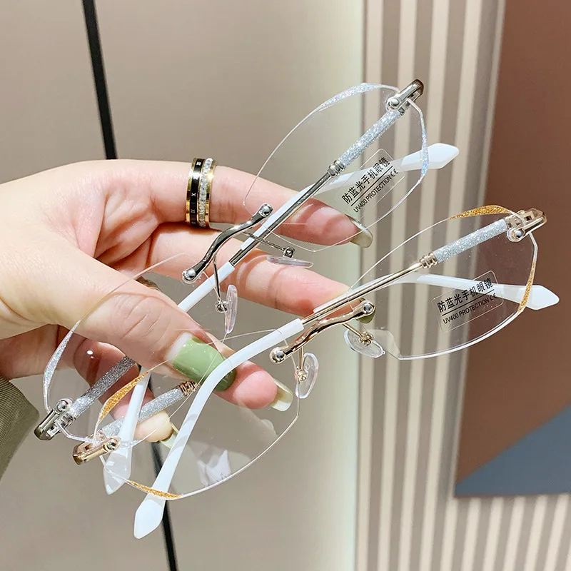 Blue Light Blocking Diamond Cutting Near Sight Glasses Luxury Ladies Myopia Eyeglasses Finished Minus Eyewear Diopter 0 To -6.0