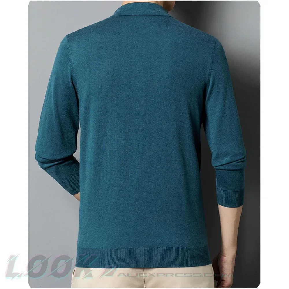 Men\'s Autumn Long-Sleeved Wool Blend Solid Color Polo Pullover Sweater with Lapel, Casual Bottoming Sweater -Sizes M-4XL