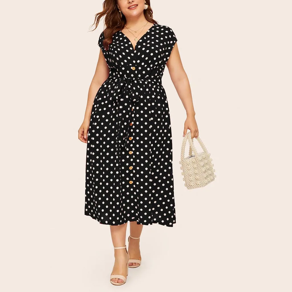 Plus Size L-5XL koszula nadruk w kropki sukienka letnia elegancka bez rękawów z dekoltem w szpic sukienka letnia Midi wakacyjnym paskiem w stylu