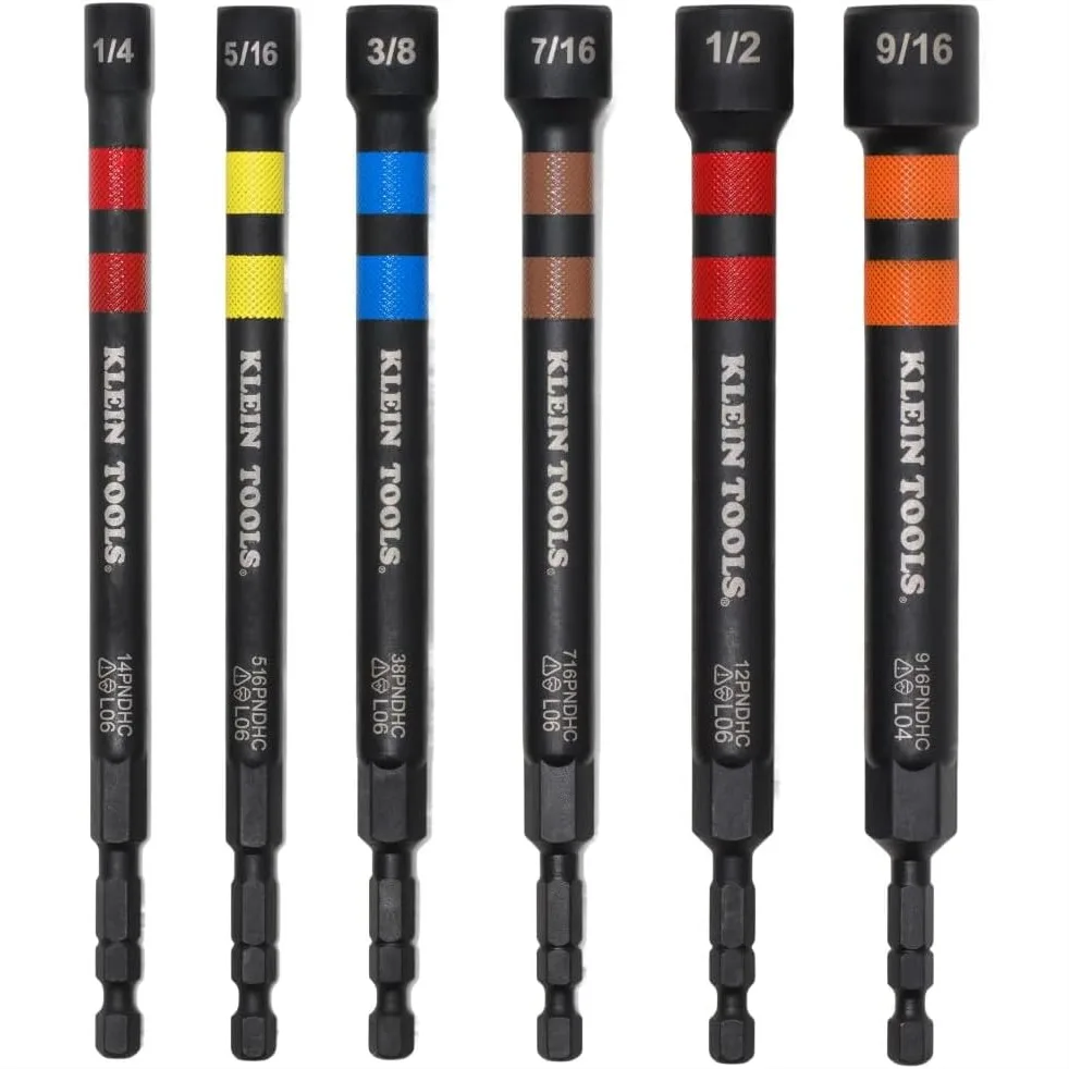 

6-Piece Hollow Impact Nut Drivers Set with Extended Reach, SAE Sizes 1/4 to 9/16 Inch, Color Coded for Easy Identification