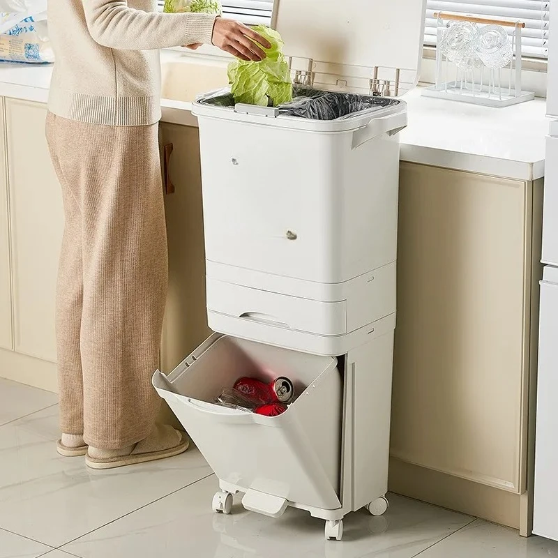 Kitchen Trash Can Multi Functional Classification Garbage Bin Narrow Press Type Trash Cans with Pulley Kitchen Accessories