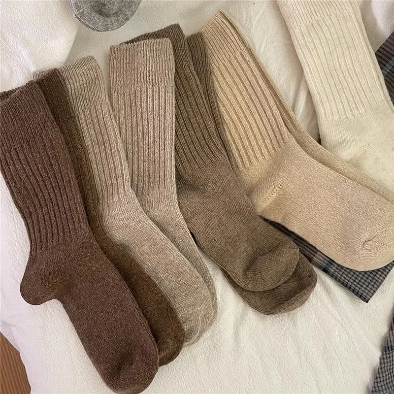 Luxury Women Thick Cashmere Wool Socks Warm Winter Casual Japanese Fashion Solid Color Comfortable Home Sock Long High Quality