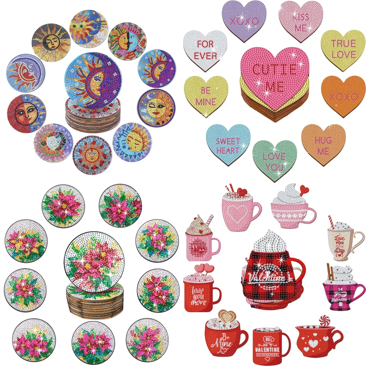 

10 подставок для алмазной живописи «сделай сам» с рисунками солнца и луны/сердца/цветов, противоскользящие деревянные подставки без подстаканников