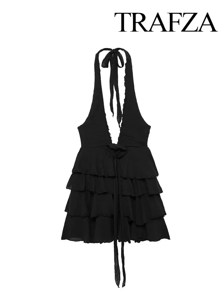 TRAFZA Women Fashion Dresses Black Sleeveless Backless Bow Lace-Up 3D Flowers Decoration Zipper Female Summer Sexy Mini Dress