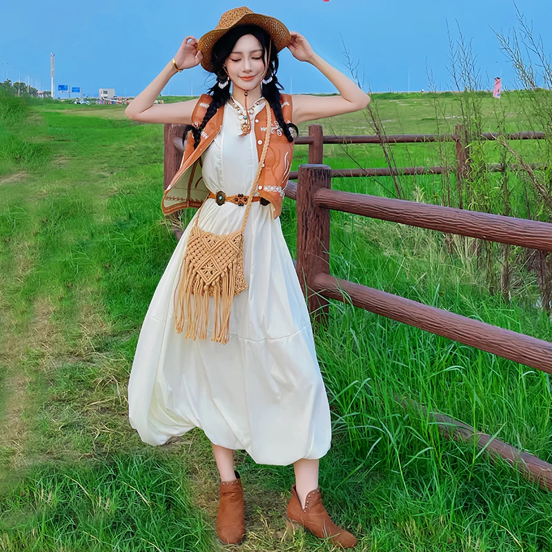 n White Dr Western Cowboy Sle طقم ملابس سفر نسائي عالي الخصر تنورة طويلة بوهو Sle Vaion Faion