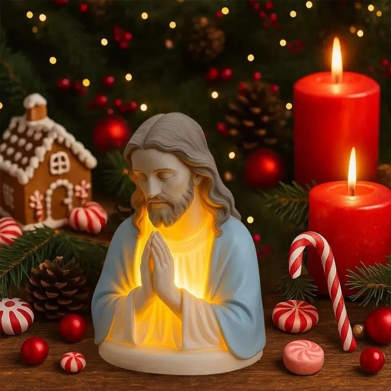 Jesus Prayer Night Light Christian LED Lamp Resin Religious Figurine Bedroom Table Lamp Home Prayer Room Decoration Gift