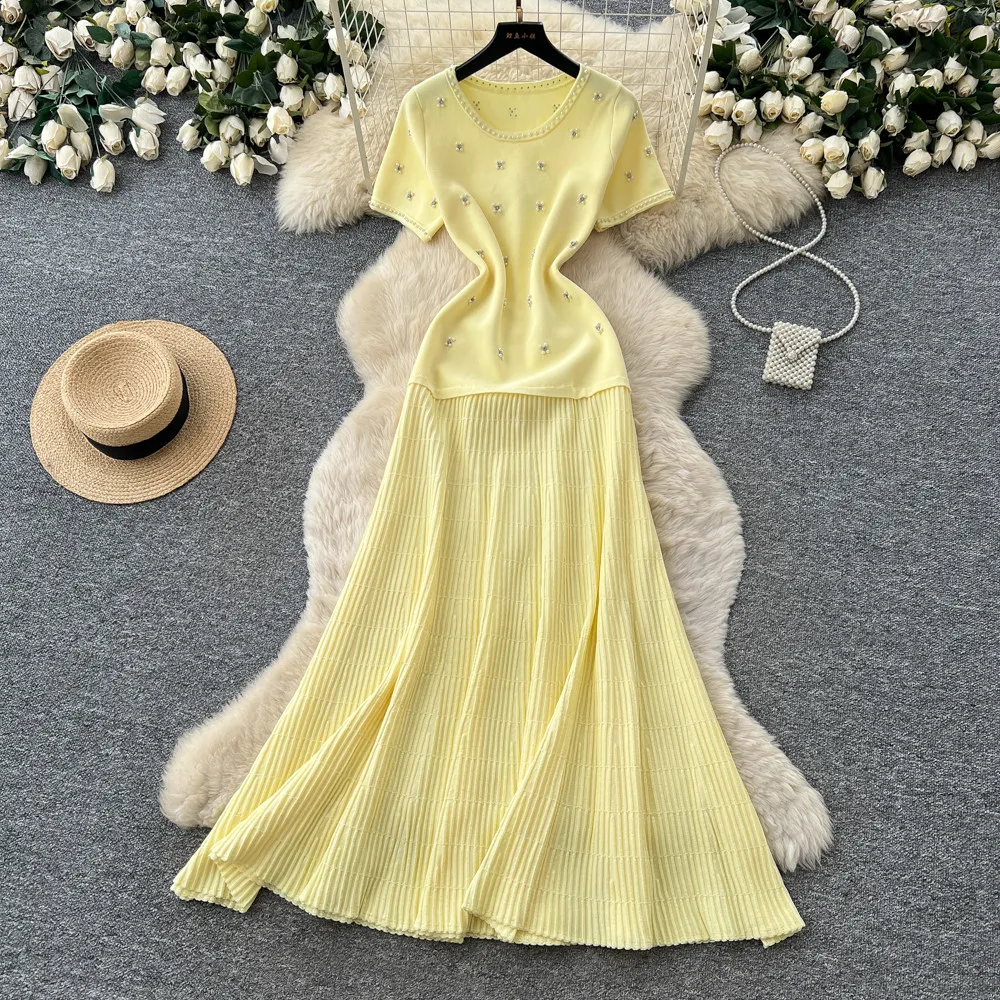 ALPHALMODA Beaded, Short-sleeved Dress for Women, Summer, Elegant Knitted Dress, Pleated A-line, Luxury Dress