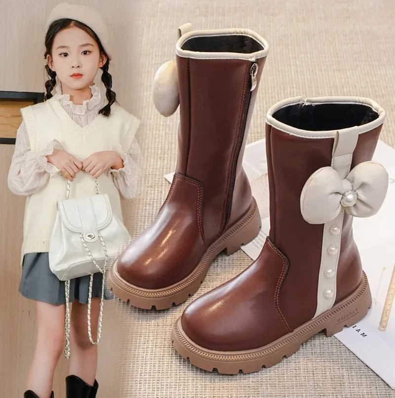 

Girls Mid-calf Boots with Big Bow Kids Princess Boots with Side Zipper 2025 Autumn Winter New Children Leather Boots Fashion