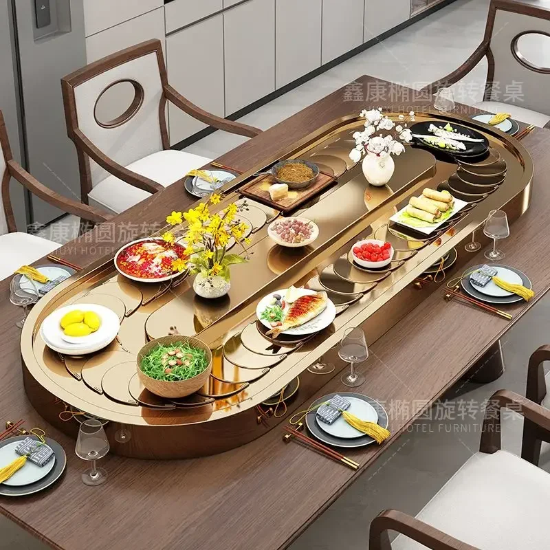 

JJR прямоугольный электрический проигрыватель овощей, овальный конвейер из нержавеющей стали, домашний обеденный стол, автоматический поворотный дисплей, проигрыватель