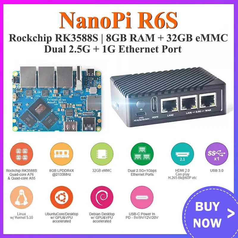 

Nanopi R6S Rockchip RK3588S 8GB RAM 32GB eMMC Development Board Dual 2.5G Gigabit network port