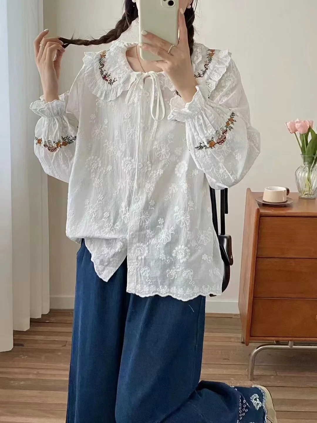 2026 Sweet lolita clothing mori girl sweet lace embroider bow shirts and blouses for women Japan style long sleeve tops