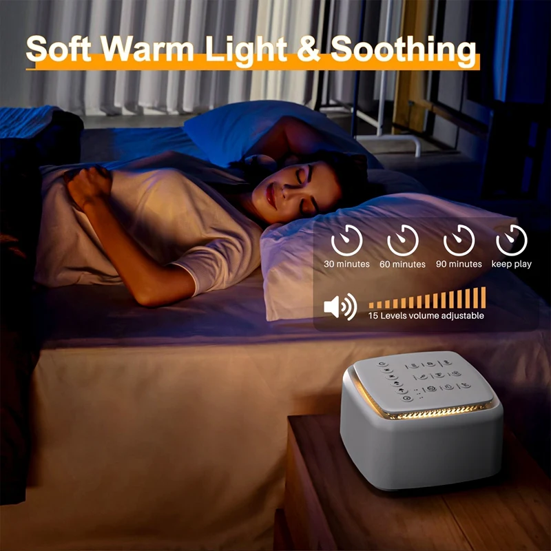 Máquina de ruido blanco, máquina de sonido recargable para bebés y adultos, 30 sonidos calmantes y luz cálida para dormir duradera