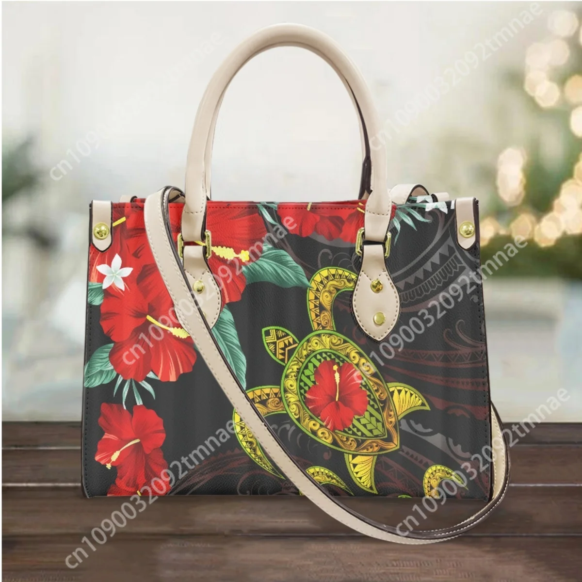 

Custom Turtle Hibiscus Flower Pattern Messenger Bags Travel PU Leather Long Shoulder Strap Handbag Polynesian Print Clutch