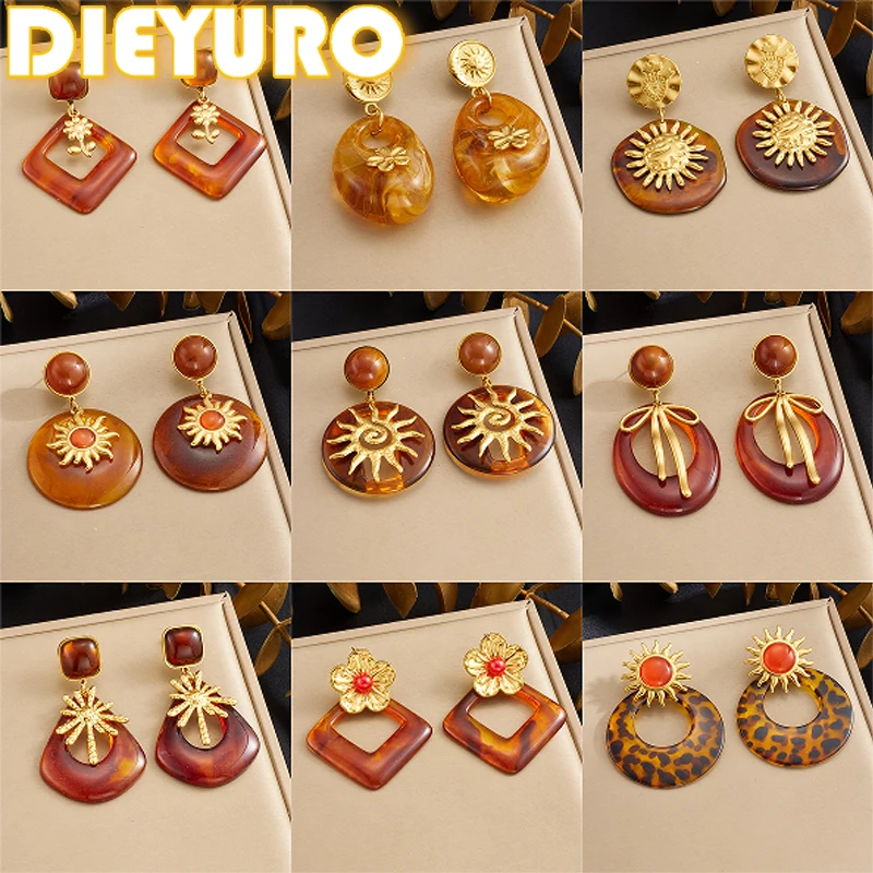 DIEYURO 316L Stainless Steel Golden Flower Sun Geometric Resin Amber Pendant Earrings Lady Autumn Winter Ear Studs Jewelry Gift