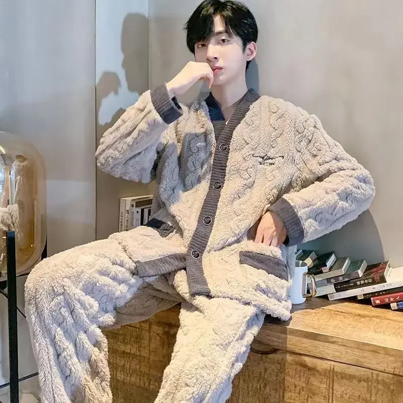 Pijamas de lana de Coral para hombre, modelos de otoño e invierno, gruesos, acolchados, cálidos, Facecloth, talla grande, traje de ropa para el hogar, Invierno