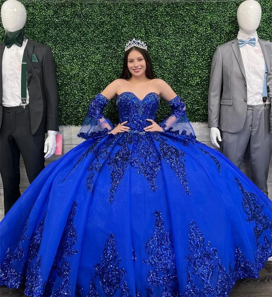 فساتين Charro Quinceanera باللون الأزرق الملكي ثوب حفلة على شكل قلب سباركلي مزين المكسيكي الحلو 16 فساتين 15 Anos مخصصة