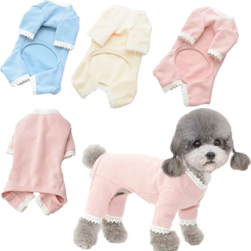 Pure Cotton Dog Clothes Blue Pink Beige Lace Hoodies Cat Dogs Coat Jumpsuit Pajamas For Small Dogs Chihuahua Bichon Dog Overalls