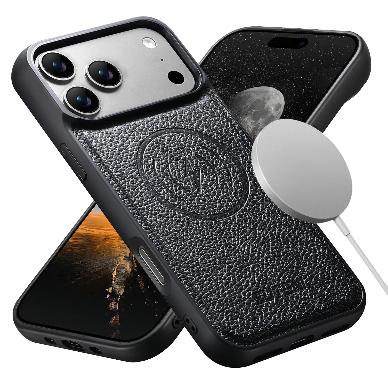 เคสโทรศัพท์หนังลายลิ้นจี่สำหรับ iPhone 13 14 15 16 17 Pro Max รองรับ MagSafe ชาร์จไร้สาย ป้องกันการกระแทก