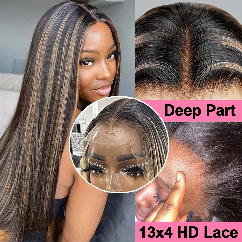 1B/27 ハイライトボーンストレート 30 インチ 13x4 HD レースフロント人毛ウィッグ 200% 密度ブラジル産人毛ウィッグ