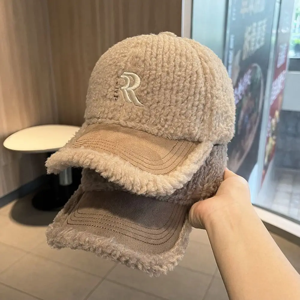 Fashion Letters Women's Hats Double R Keep Warm Baseball Cap Lamb Wool Thickening Plush Peaked Cap Winter