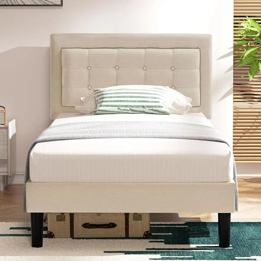 

Twin Size Bed Frame with Adjustable Headboard, Upholstered Button Tufted Platform Bedframe with Wood Slats Support, bedroom