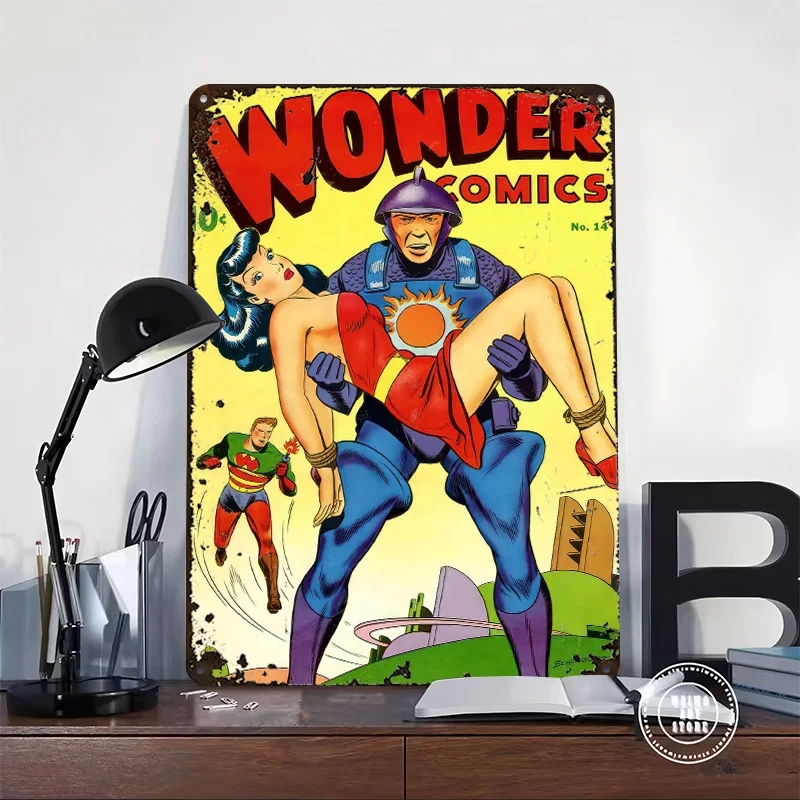 Wonder Comics No 14 Metal Poster Customized Wall Art Retro Vintage Tinplate Signs for Interior Decoration Home Decor Items House