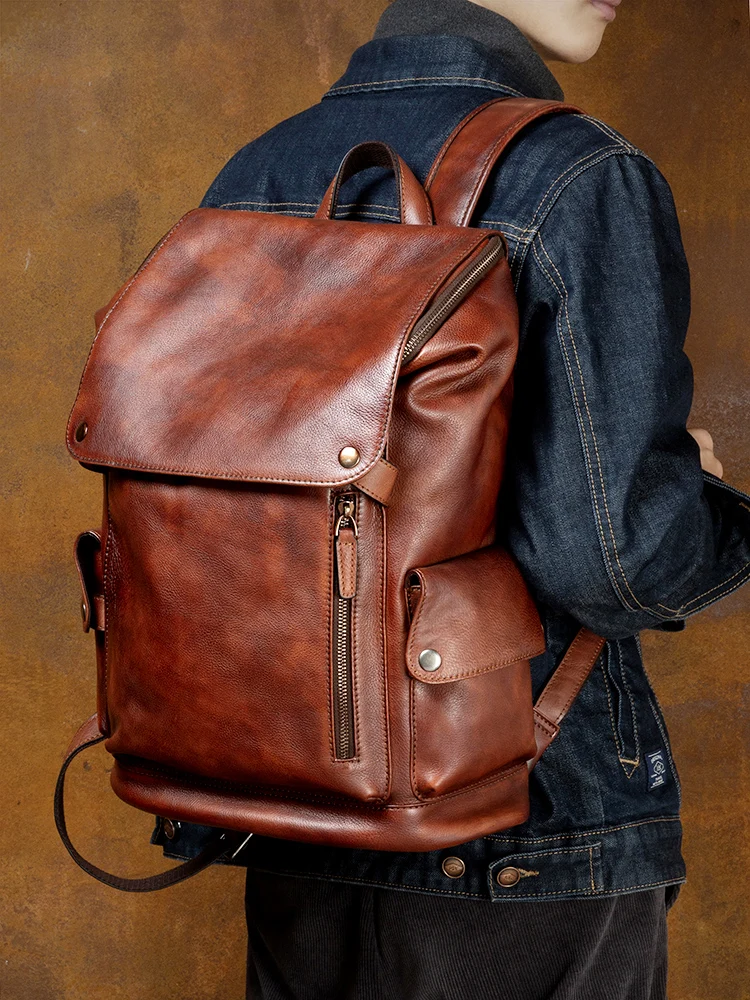 Retro Genuine Leather Men\'s Backpack Casual Soft Cowhide Shoulder Computer Bag Travel Backpacks Men And Women 2024 New