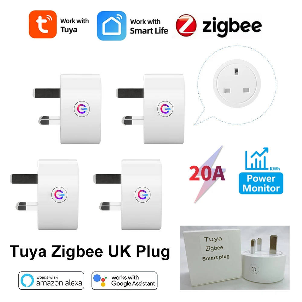 Tuya Smart Life Zigbee Smart Plug UK Socket 20A Home Outlet with Power Monitor App Control Need Hub Works with Alexa Google Home