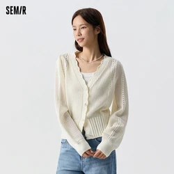 Semir 2024 Knitted Cardigan Women Short Puff Sleeve French Style Spring New White Hollow Texture V-Neck Top