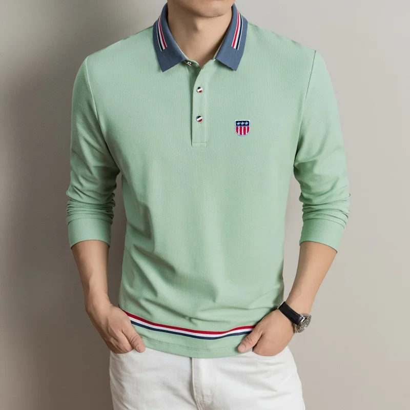 Hochwertiges Herren-Polohemd aus 100% Baumwolle mit Langen Ärmeln, Revers und Knöpfen, Exquisites Muster-Stickerei, Herbst-Neuheit, Vielseitige Freizeitkleidung für Männer – Detail 10