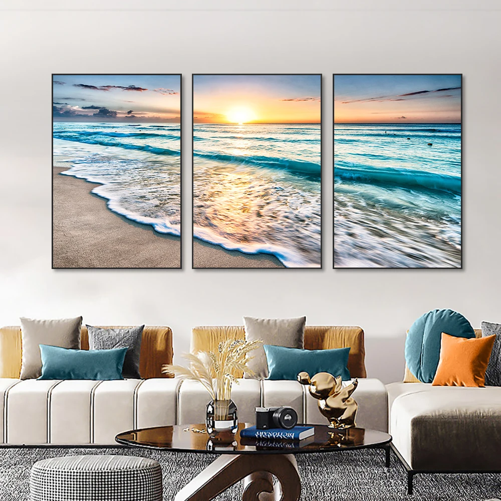 

3Panel Sunset Beach Blue Sea Canvas Painting Nordic Landscape Wall Art Posters And Prints For Living Room Home Decoration