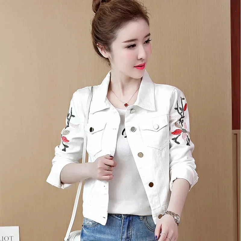 Embroidered Flowers Denim Jacket Coat Spring Autumn Women's Short New Outerwear Korean Version Long Sleeve Slim Jeans Jacket Top