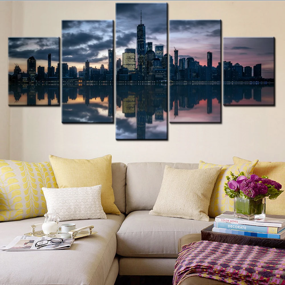 

5 Pieces Wall Arts Poster Painting Landscape World Manhattan Skyline Hudson River Wallpaper Home Decor Picture Printing Artwork