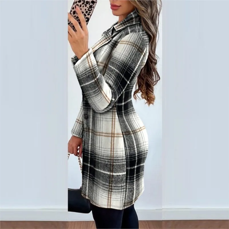 Autumn Plaid Coat Dress Women Causal Office Ladies V-neck Double Breasted Slim Coat Dresses For Woman