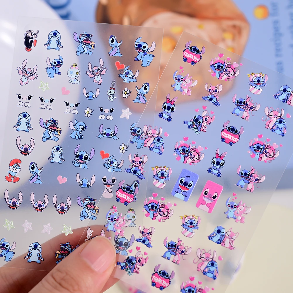 5D tłoczone kreskówki Mini Stitch naklejki na paznokcie wiele wyrażeni akrylowe naklejki na paznokcie śliczne postać z Anime Y2K suwaki do Manicure