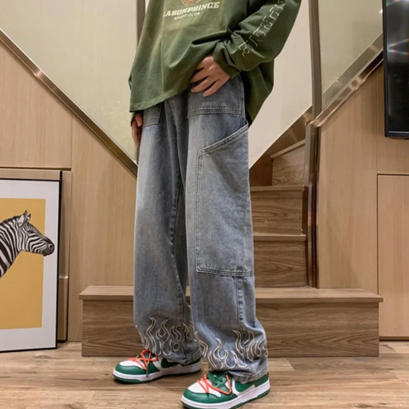 New Embroidery Men's Jeans Neutral Wide Fashion Denim Trousers Baggy Straight Denim Youth Casual Hip Hop Pants