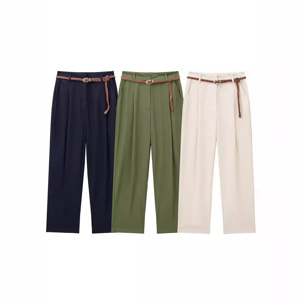 

Women's Front Darts Pants Side Pockets with Belt High Waist Zipper Fly Female Ankle Trousers Chic Fashion