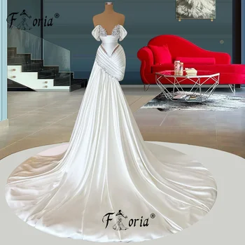 白い真珠とクリスタルのサテンのイブニングドレス,ロングトレイン,パールプリーツ,カクテルパーティー,ウェディングファッション,新しいコレクション