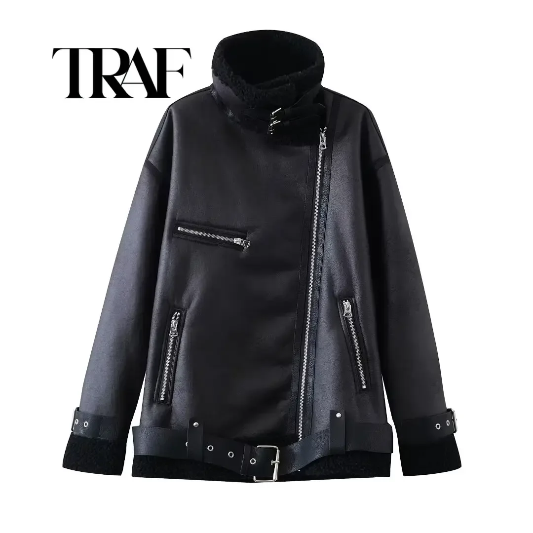 TRAF Autumn/Winter New Women's Wear New Fashion Casual Loose Versatile Leather and Fur One Piece Jacket Coat