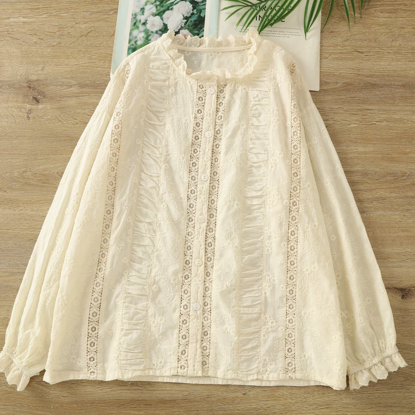 

2026 Элегантные женские блузки, 100% хлопок, молодежные женские блузки, богемные рубашки с воротником-стойкой, кружевные лоскутные рубашки крючком