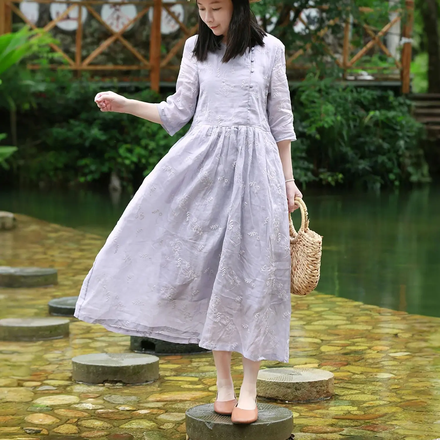 

LZJN Summer Soft Purple Ramie Double-layer Slimming Belted Dress with French Retro Half-sleeved Round-neck Elegant Long Dress