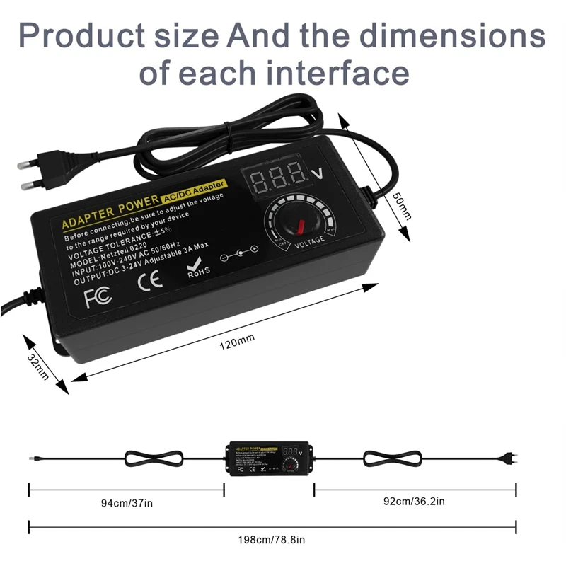 24V3A 72W universele voeding, AC naar DC 3V-24V adapter Verstelbare voedingsadapter met LED-spanningsweergave Eu-stekker