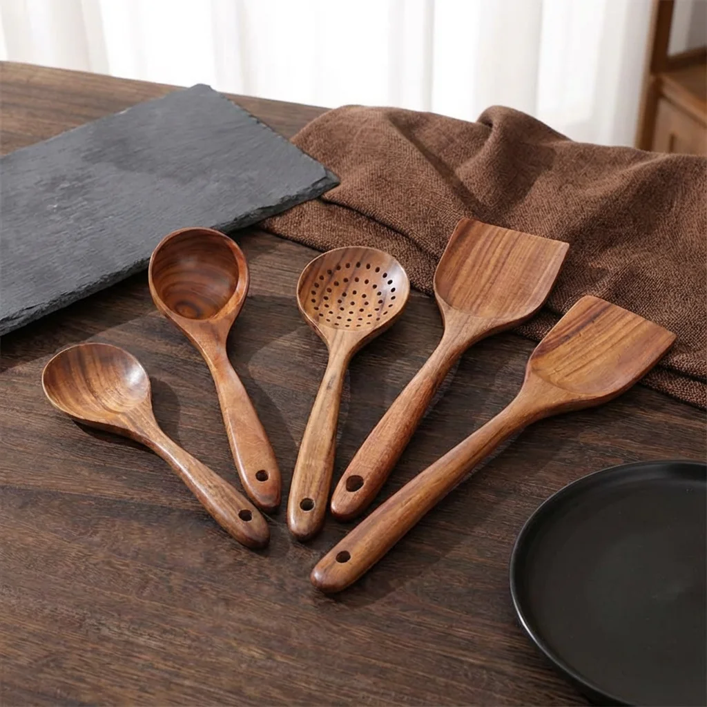 

Nordic Style Wooden Kitchen Tool Set, Decorative & Functional. 5 Pcs, 37x9cm, Natural Look, Aesthetic
