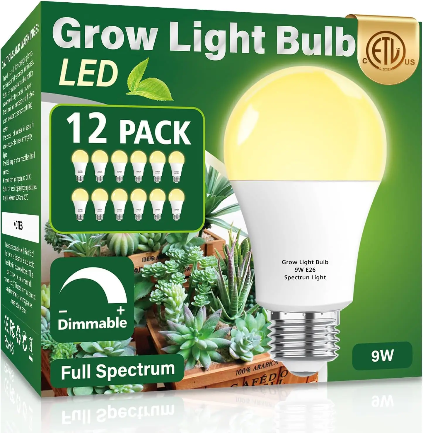 

12 Pack Full Spectrum Grow Light Bulbs, A19 Dimmable E26 9W for Indoor Plants, Flowers, Greenhouse