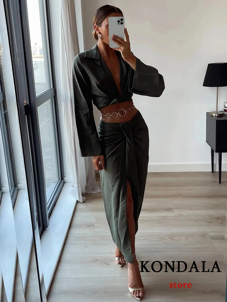 TRAF Vintage Office Lady Solid Women Suits Long Sleeve Bow Shirts Tops+Side Split Pleated Skirts Fashion 2023 Casual Sets