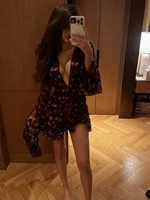 Flora Painted Ruffle Mini Dress Women Elegant Full Sleeve Deep V-neck Slim A-line Dresses 2026 Lady Holiday Street Outwears New - Image 2